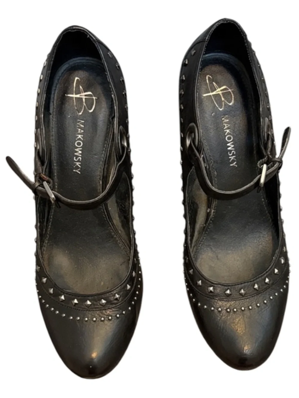 B. Makowsky Black Leather Studded Mary Jane Heels Size 6